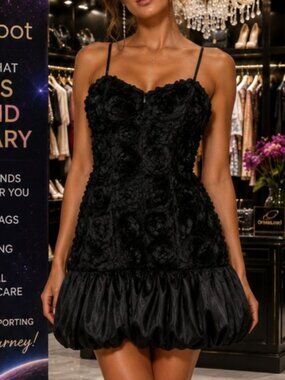 Morgan & Co Sz 0 Dress Black Rosette Bubble Hem Mini Cocktail Party NWT